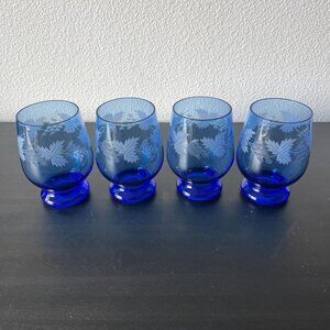 Vintage Cobalt Blue Etched Crystal Tumbler Glasses Set of 4 Grapes & Leaves